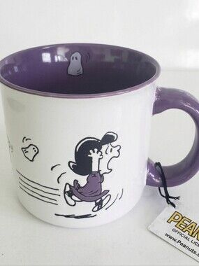 NWT Peanuts Lucy Snoopy Charlie Brown Ghosts Halloween Coffee Mug White Purple